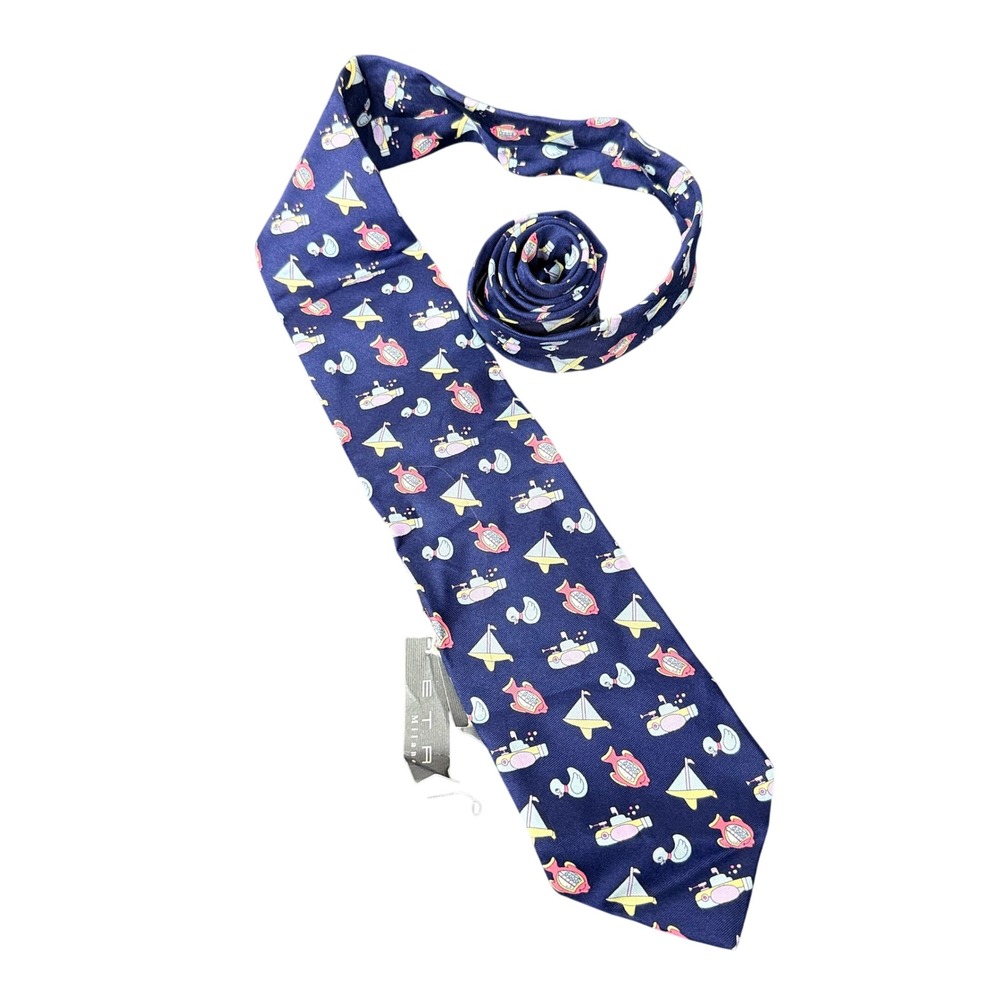 Etro Necktie Mens OS Navy Blue Silk Nautical Submarine Sailboat Novelty Italy